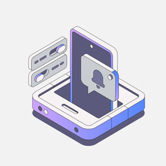 Isometric mobile alert concept with smartphone, notification icon, and UI toggles.