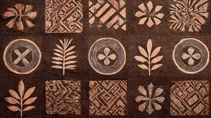 Traditional Ethnic Pattern with Geometric Shapes and Leaf Motifs on Textured Brown Background