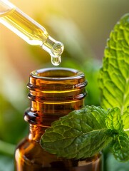 Mint essential oil drops falling into amber bottle with fresh green leaves