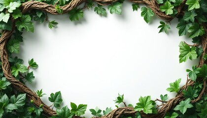 Obraz premium Twisted brown vine with vibrant green leaves forms a natural border. Its texture and lush foliage create a decorative organic frame, perfect for background design.
