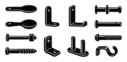 Obraz premium Hardware accessories vector illustration of spoons, brackets, bolts, and pins in black and white