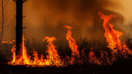 Intense Wildfire Flames Burning Through Dry Brush and Trees at Dusk Keywords: wildfire, fire, flames, burning, forest fire