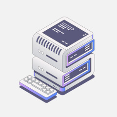 Isometric server setup with coding screen and stylized keyboard in gradient tech style.