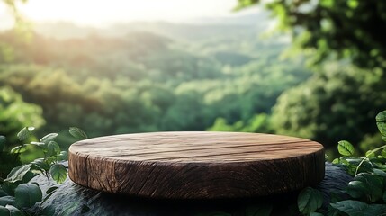 Wooden table in lush forest