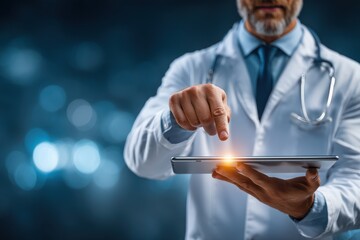 Cinematic shot of a doctor holding and pointing at an iPad in a clinical setting