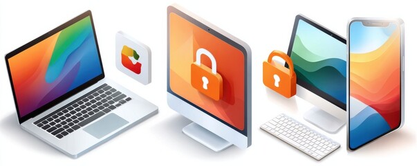 Isometric desktop setup with digital security elements featuring a laptop, smartphone, and monitor