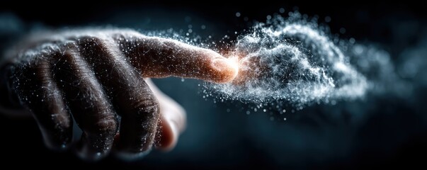 Human hand reaching toward a digital cloud security concept with holographic particles and glow