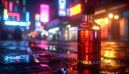 A small, dark bottle glows amid a neon-lit, rain-slicked city street at dusk, blurred lights in the backdrop