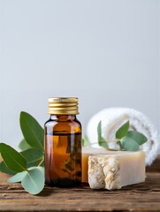 Natural skincare products with eucalyptus on wooden table