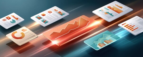 Isometric view of digital dashboards with rising graph on blue and orange panels for business analytics and growth
