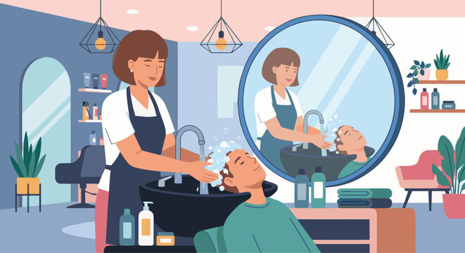 4. Hair Stylist Washing Hair
A flat vector illustration of a hair stylist washing a client&rsquo;s hair at a salon sink. Water flow and shampoo bottles visible. Flat vector style, clean and relaxing mood.