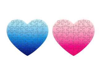 Colorful heart-shaped jigsaw puzzles isolated on transparent background