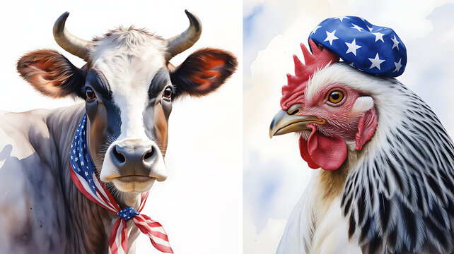 Friendly cow looking forward with an American flag scarf and a chicken wearing a patriotic beret