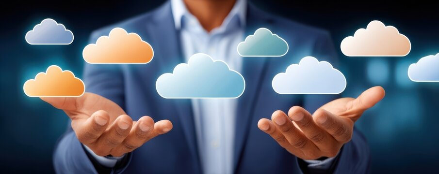 Businessman uses cloud technology to store and access data with floating cloud icons in a professional setting - Powered by Adobe