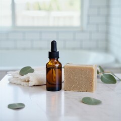Natural soap and essential oil on marble countertop with green leaves