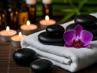 Relaxing Spa Still Life with Hot Basalt Stones, Purple Orchid, and Scented Candles on a White Towel for Wellness and Therapy
