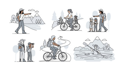 Fototapeta premium Illustrations of people hiking and cycling in mountainous landscapes.