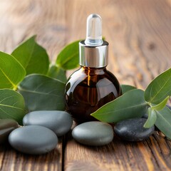 Essential oil bottle with green leaves and stones on wooden table