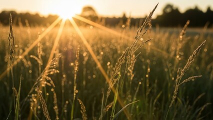 Golden Hour Radiance Bathes a Serene Meadow with Sun-Kissed Grass and Sparkling Dewdrops