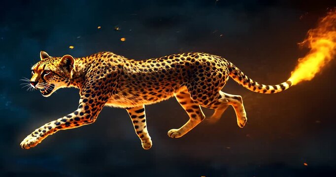 A dynamic cheetah sprinting through a dark, fiery background, showcasing speed and agility