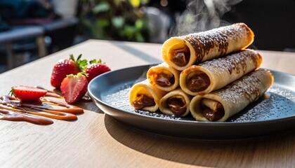 Sweet crepes with dripping dulce de leche and fresh strawberries on a plate, a delightful dessert for foodies, lifestyle and celebrations
