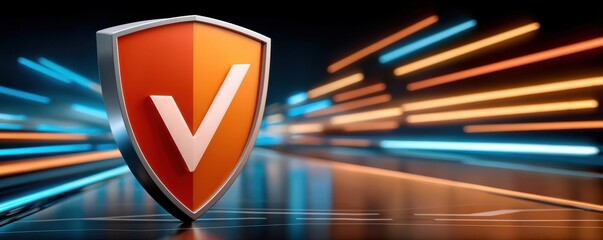 Digital shield with orange checkmark symbol representing security, protection, and trusted technology
