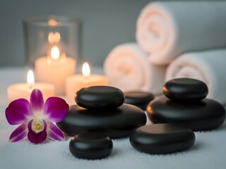 Tranquil Spa Scene with Hot Stones, Orchid Flower, and Lit Candles for Relaxation and Wellness Therapy