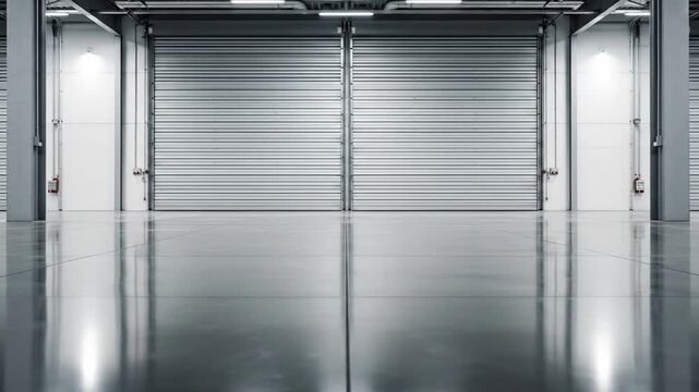 Spacious industrial interior featuring polished concrete floor and closed roller shutter doors.