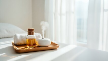 Serene spa setup with essential oil diffuser and towel on wooden tray