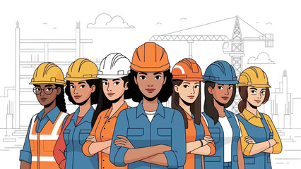 Diverse group of women in construction standing together with confidence.