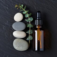 Essential oil bottle with zen stones and eucalyptus on slate
