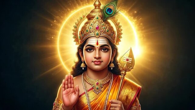 Lord murugan, holding the vel and giving a blessing, is rendered in a radiant golden digital style against a dark, mystical background.