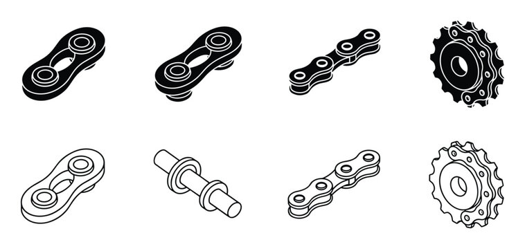 Isometric Bicycle Chain Parts, Bike Chain Links and Sprocket, Black and White line Art Illustration