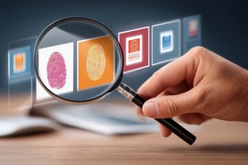 Business professional uses magnifying glass to examine fingerprint and biometric security in a digital interface