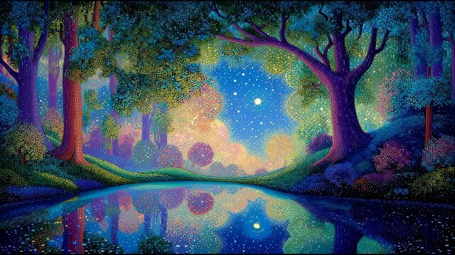 Magical Floating Bubbles Rising from Enchanted Forest over Reflecting Pond in Artistic Pointillism Style