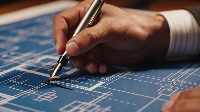 Architect or engineer working on a blueprint with a pen.