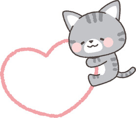 ハートに抱きつくサバトラネコ