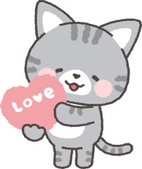 「love」と書かれたハートを持つサバトラネコ