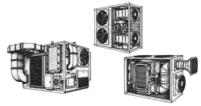 Air handling unit engraving illustration for HVAC engineering branding