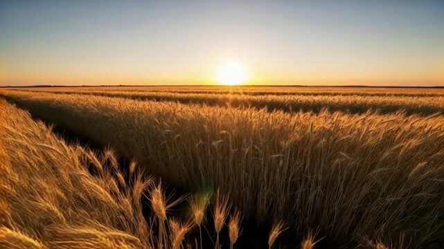 Golden wheat field bathed in the warm glow of a stunning sunset, symbolizing abundant harvest and natural beauty