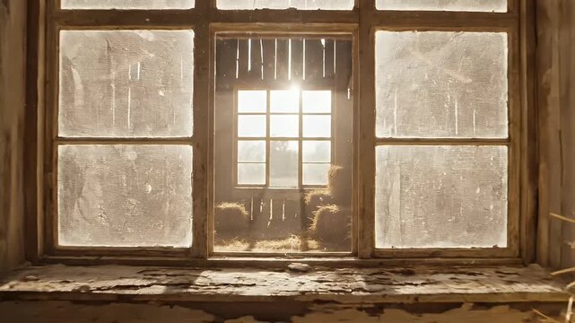 Sunlight streaming through a rustic barn window, creating a warm atmosphere.