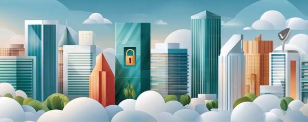 Modern city skyline with digital security symbols and abstract geometric clouds