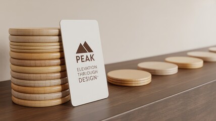 Clean professional display with a white business card and natural wooden coasters on a dark table against a light wall under soft studio lighting