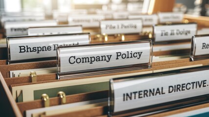 Organized file box with company policy documents and internal directives in a professional office setting with bright lighting
