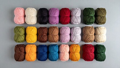 Rows of colorful yarn balls arranged neatly, providing a vibrant display on a plain, light grey surface. Ideal for crafting projects