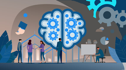 Flat vector illustration of business team collaborating on project with brain gears and whiteboard with collaboration and project planning and brainstorming