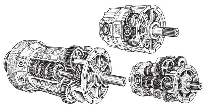 Industrial gearbox engraving illustration for mechanical transmission systems
