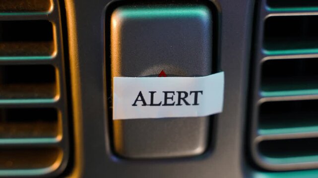 A sticker with the word ALERT is stuck on the Hazard Light Button in a car, close-up