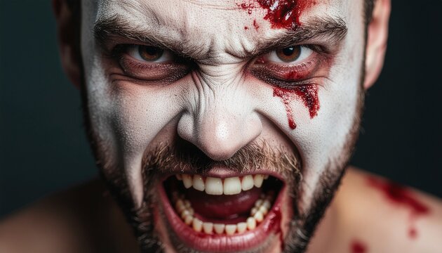 Terrifying ghost face close-up with blood and cracked skin