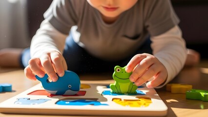 Toddler Solving Wooden Puzzle for Motor Skill Development